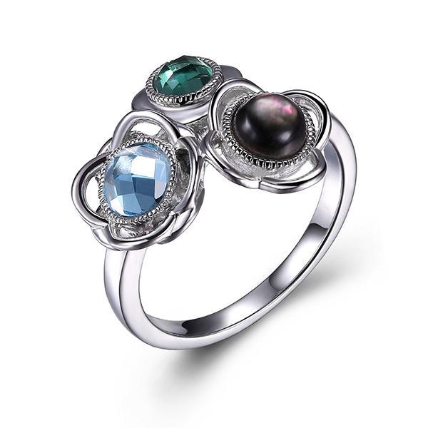 RR4LA4L95-W-7 Sterling Silver Blue Topaz Grey Mother of Pearl and Simulated Green Quartz Bouquet Ring Size 7