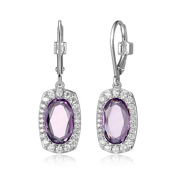 ER2LCGL23-W Sterling Silver AUREOLE Oval Amethyst and Cubic Zirconia Leverback Earrings