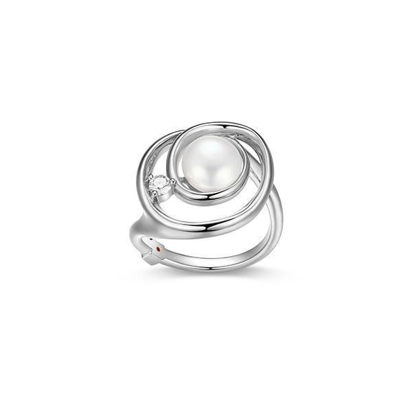 RR4LAGZ45-W-8 Sterling Silver SATELITE White Pearl and Moissanite Circle Ring Size 8