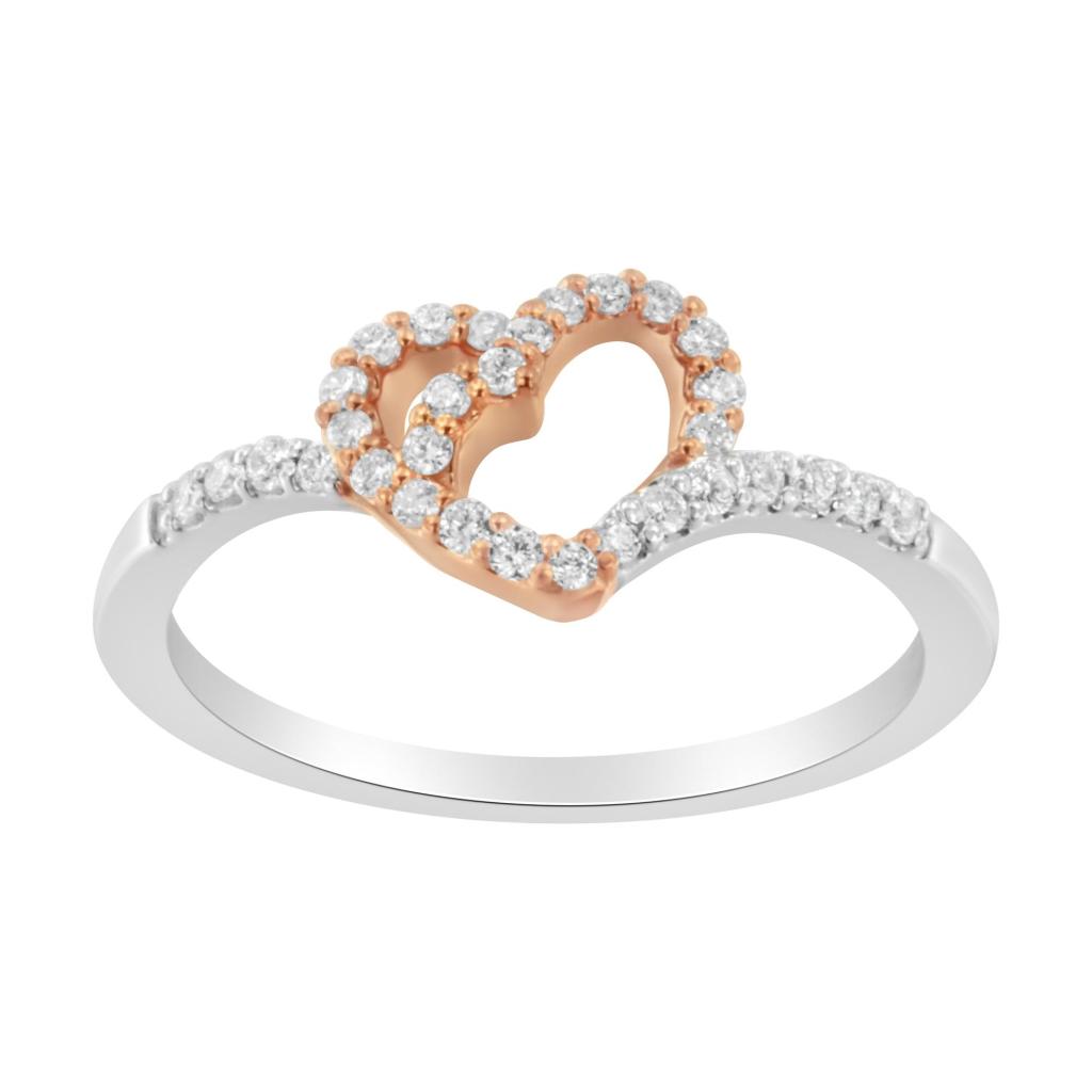 10K Rose Gold over .925 Sterling Silver 1/5 Cttw Diamond Two Tone Open Heart Promise or Fashion Ring (I-J Color, I2-I3 Clarity) Ring Size-7.0