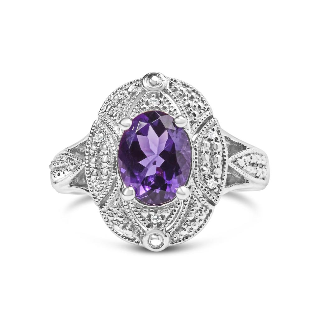 .925 Sterling Silver 9x7mm Oval Purple Amethyst and Round Diamond Accent Fashion Cocktail Ring (I-J Color, I1-I2 Clarity) Ring Size-5.0