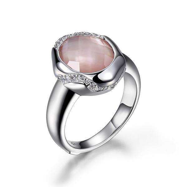RR4LA5697-W-9 Sterling Silver Pink Mother of Pearl with Crystal Overlay Ring Size 9