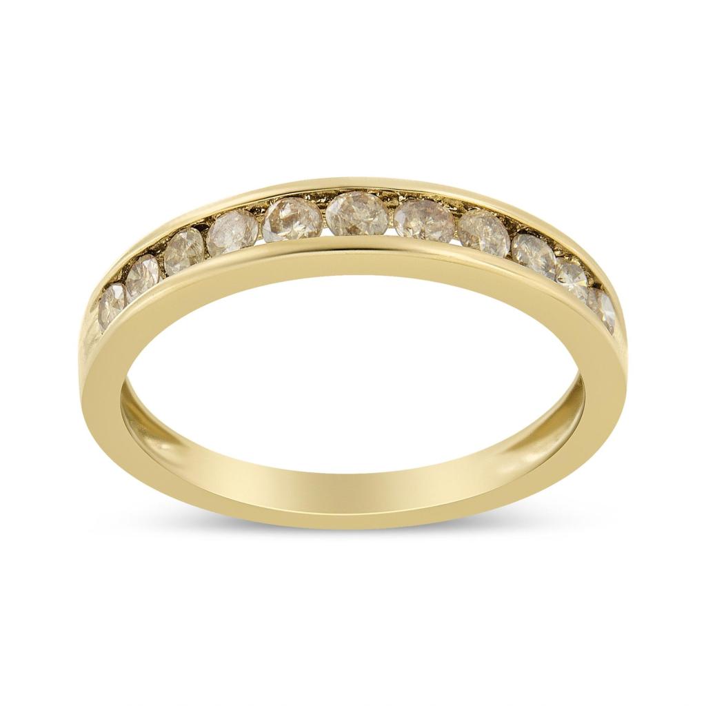 14K Yellow Gold Plated .925 Sterling Silver 1/2 Cttw Channel Set Round Champagne Diamond 11 Stone Band Ring (K-L Color, I1-I2 Clarity) Ring Size-5.0
