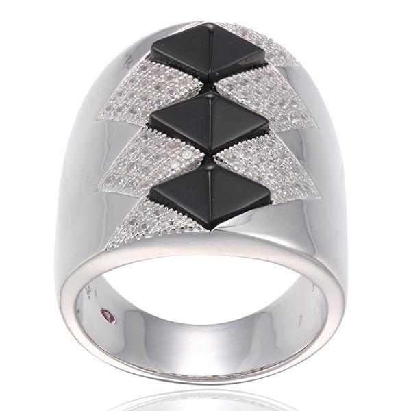 RR4L92027-W-7 Sterling Silver Black Agate and Micro Pave Cubic Zirconia Triple Diamond Ring Size 7