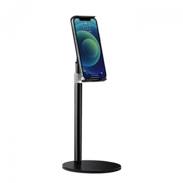 Phone and Tablet Holder Mount with Telescopic Alloy Rod 45cm Long Floor Stand Flexible 360deg Rotation, Solid Metal Base - Black