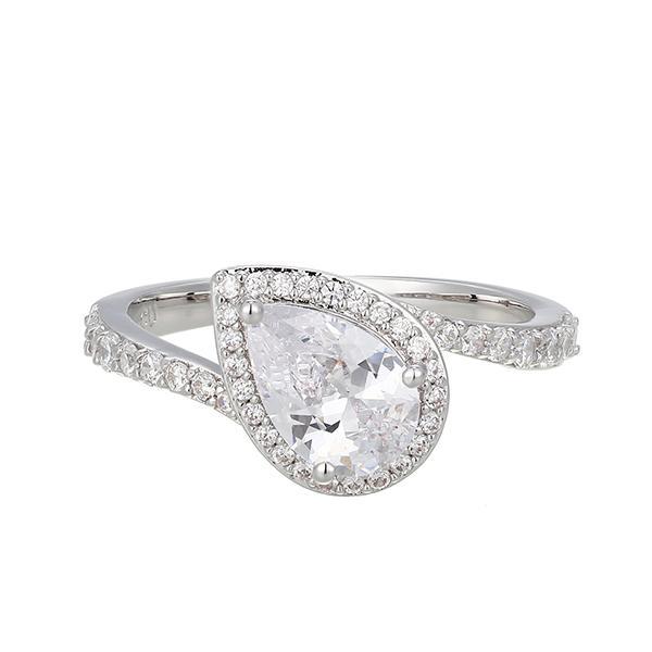 RR4ATH600-W-7 Sterling Silver Cubic Zirconia Pear Shape Halo Bypass Ring Size 7