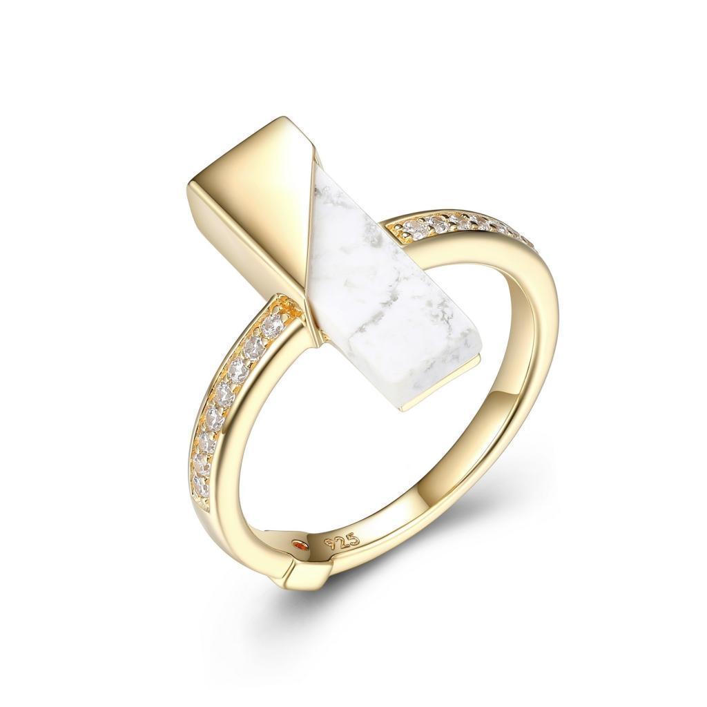 R34LACY-Y-8 "Spatial" Sterling Silver Howlite and Pave Cubic Zirconia Bar Ring - Gold