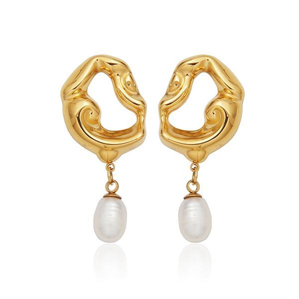CJ STEELX Wavy Oval Fresh Water Peael Drop Earrings - Gold