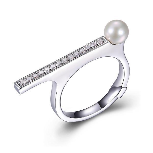RR4LA4N45-W-7 Sterling Silver MAJESTIC Genuine White Pearl Cubic Zirconia Long Bar Ring Size 7