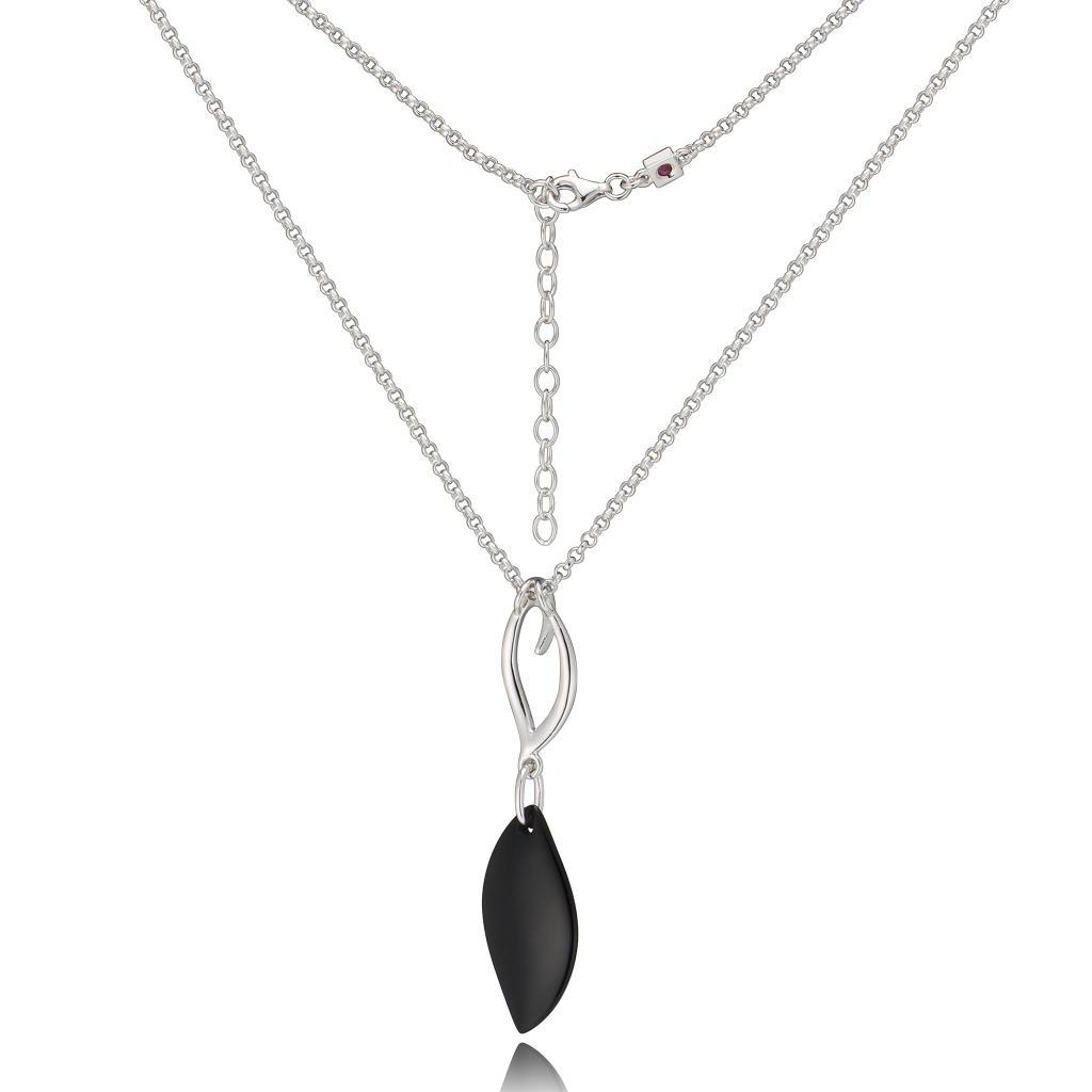 NR0L583-W Waves Black Agate Leaf Necklace