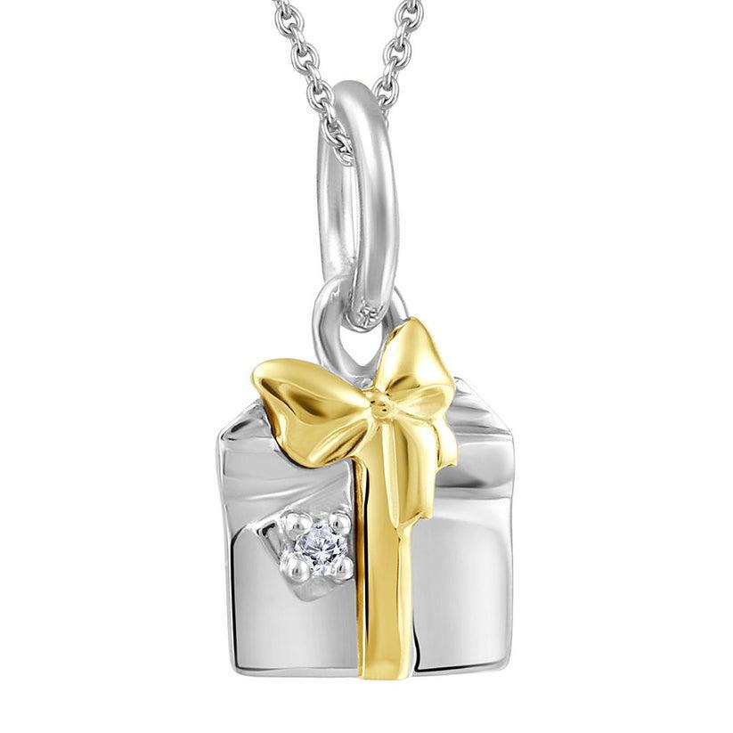 CJ Diamond 14k Gold Gift and Bow Pendant - Gold and SIlver