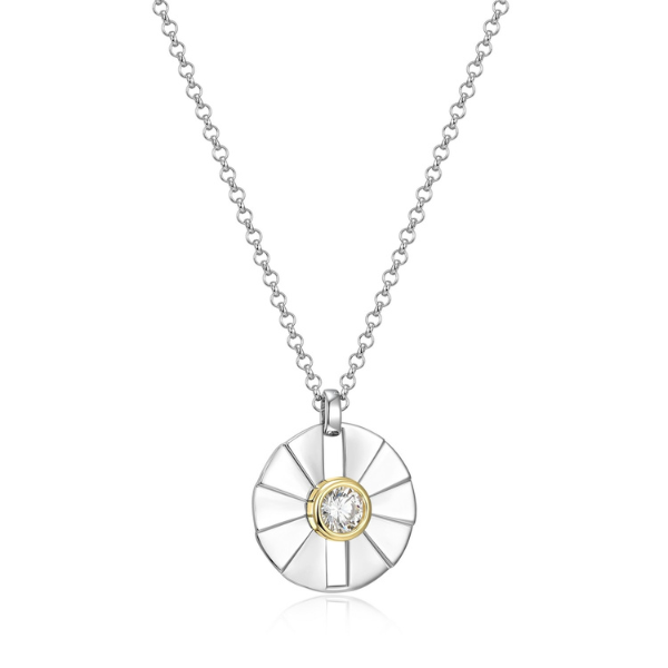 NR0LBYM0-2T Pleat Cubic  Zirconia Disc Pendant Two Tone Necklace