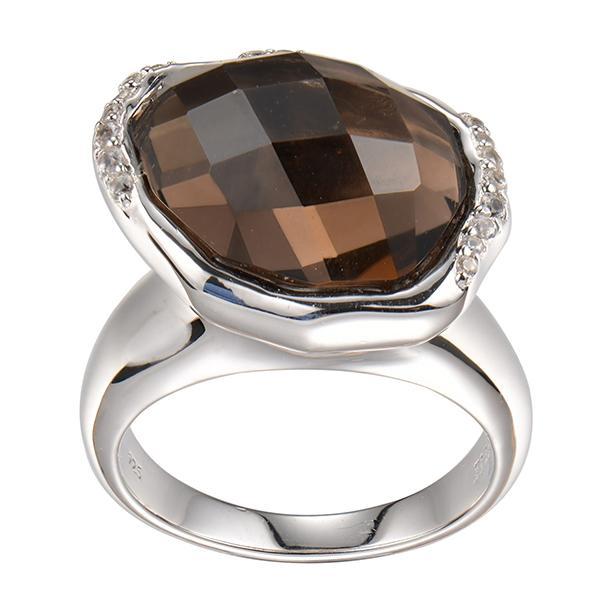 RR4LA1ECB-W-7 Sterling Silver Smoky Quartz and White Corundum Ring Size 7