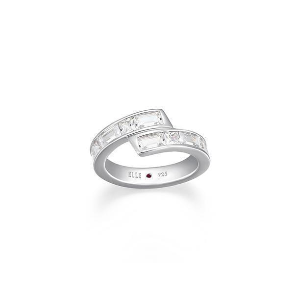 RR4LAJ4-W-7 "Baguette" Straight Baguette & Square Cubic Zirconia Bypass Ring - Silver