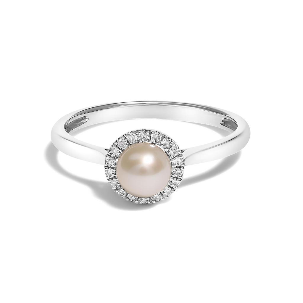 10K White Gold 5MM Cultured Freshwater Pearl  and Diamond Halo Ring (I-J Color, I1-I2 Clarity) Ring Size-8.0