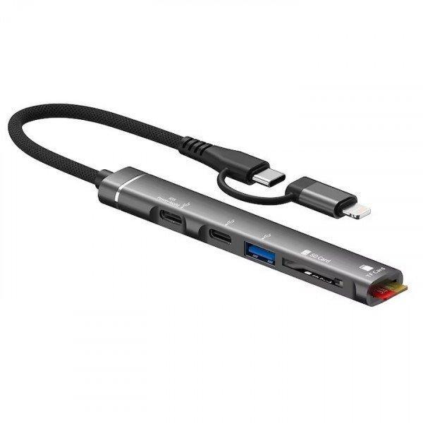 5-in-1 Multi-Function USB Hub Station with Type C Lightning Adapter Micro SD Card Reader Charging Station TC05 for Universal Cell Phone, Device and More - Black