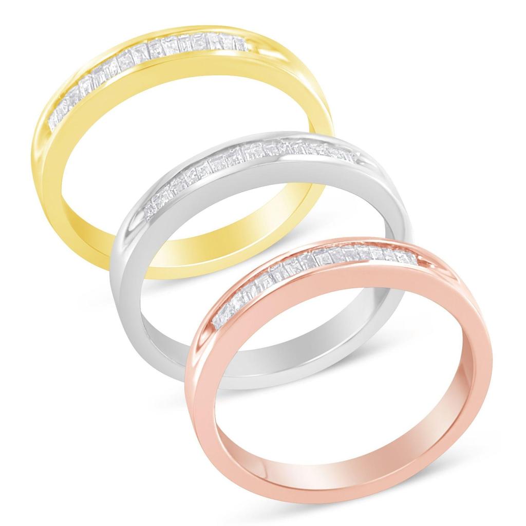 10K Yellow, White and Rose Gold over .925 Sterling Silver 5/8 Cttw Diamond Channel-Set Stackable Band Ring Set (H-I Color, I1-I2 Clarity) Ring Size-6.75