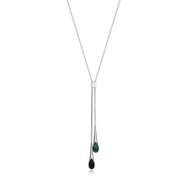 NR0LBVR9-W Ethereal Drops Malachite and Black Agate Pendant Necklace
