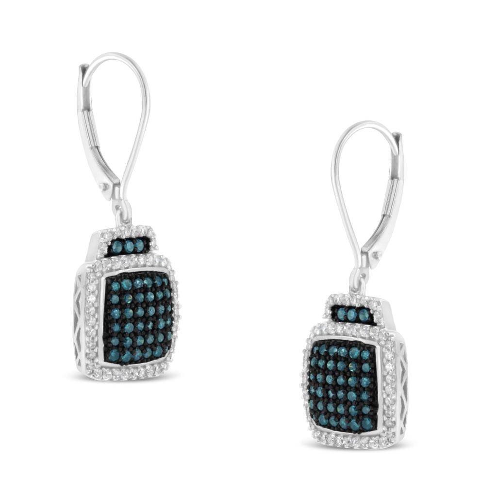 Black Rhodium over .925 Sterling Silver  3/4 Cttw Blue and White Diamond Cushion Shaped Dangle Earrings (Enhanced Blue & I-J Color, I2-I3 Clarity)
