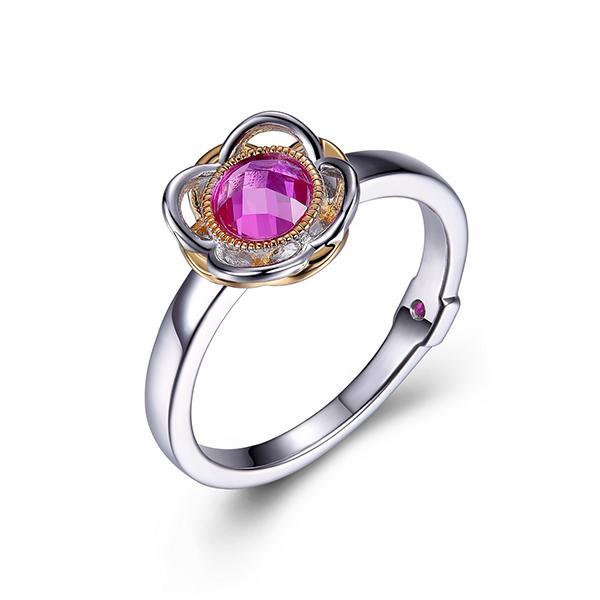 RR4LA4K52-W-6 Sterling Silver  ROMANCE Simulated Pink Corundum Flower Two Tone Ring Size 6