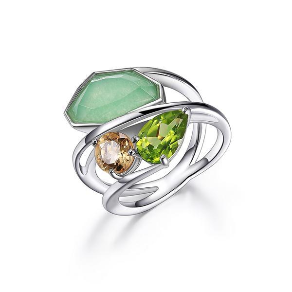 RR4LA72EZ-W-6 Sterling Silver Genuine Dyed Green Quartzite Citrine and Lemon Quartz Ring Size 6