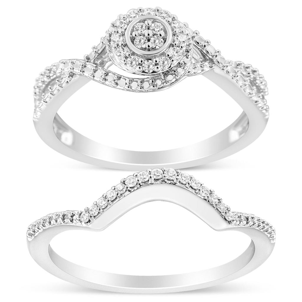 .925 Sterling Silver 1/6 Cttw Diamond Composite Halo and Split Shank Bridal Set Ring and Band  (I-J Color, I3 Clarity) Ring Size-6.0