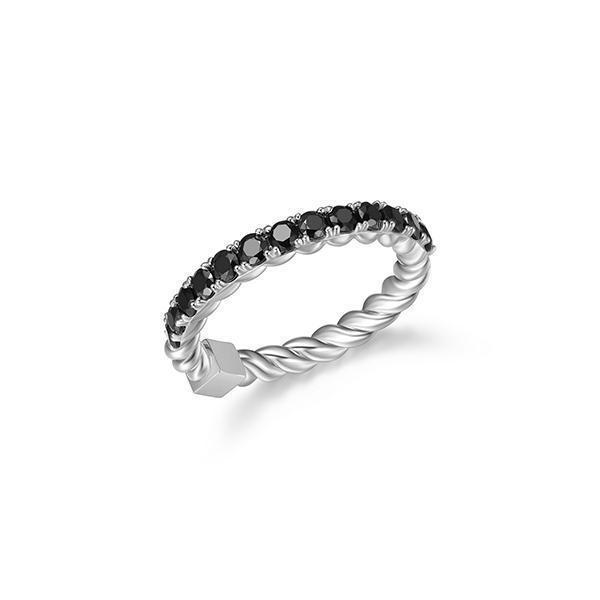RR4LAE3G-W-8 "Nautical" Rope Finish with Round Black Spinel Ring - Silver