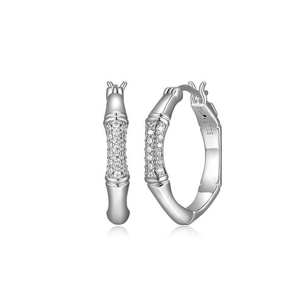 ER2LCQR00-W Sterling Silver BAMBOO Cubic Zirconia Round Hoop Earrings
