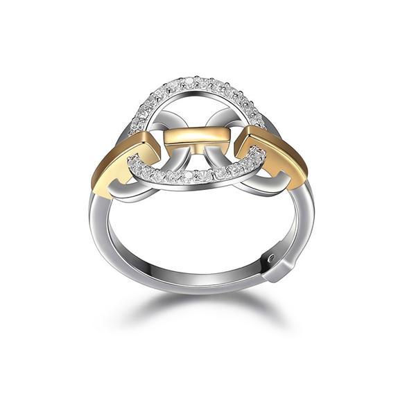 RR4LA8000-W-7 Sterling Silver Cubic Zirconia Circle and Bar Two Tone Ring Size 7