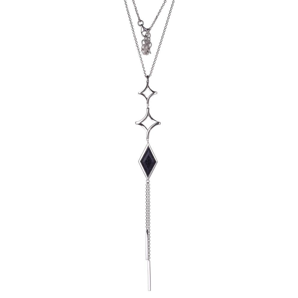 NR0LB9J-W Stellar Diamond Shape Blue Goldstone Long Tassel Necklace