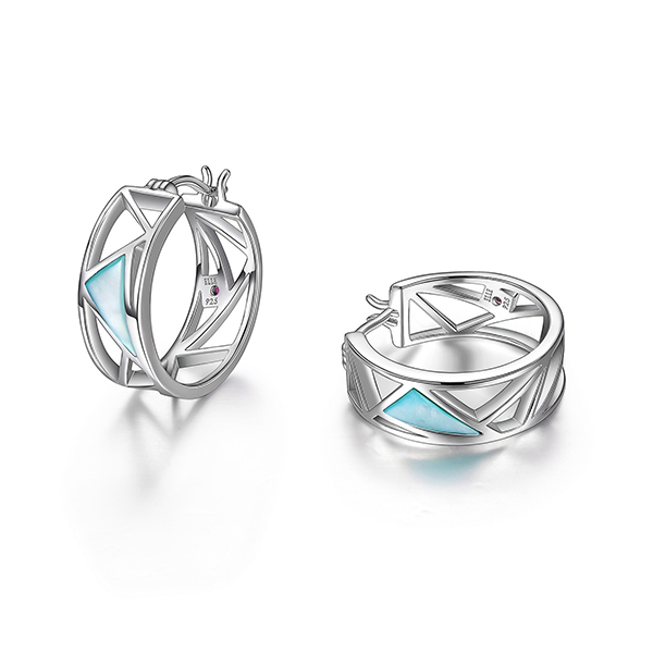 ER2LC7E97-W Sterling Silver Dyed Blue Mother of Pearl 20mm Hoop Earrings