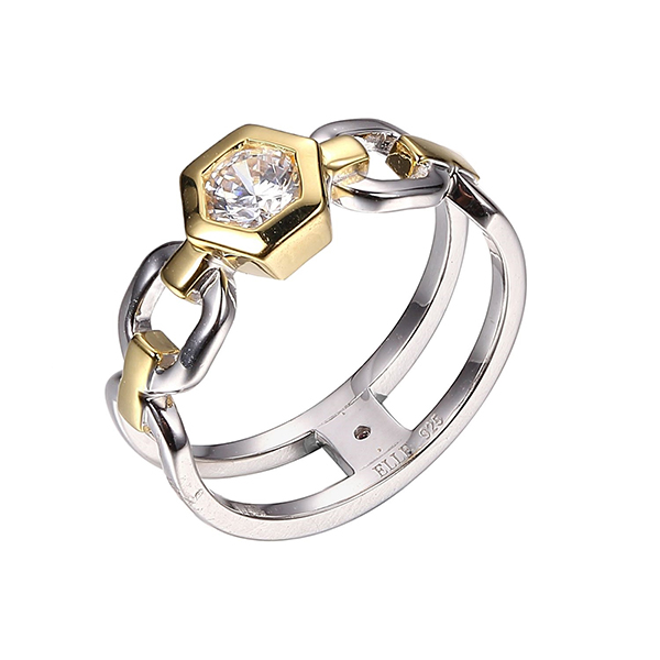 RR4LA8R00- Sterling Silver Cubic Zirconia Link Two Tone Ring Size 6