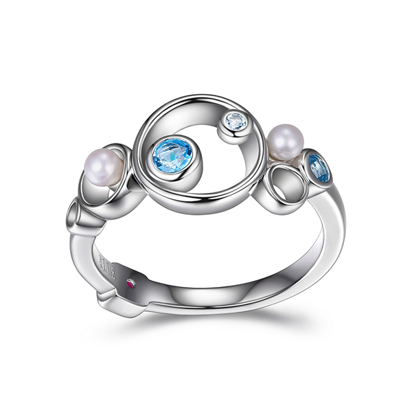 RR4LAAV12-W-8 Sterling Silver Genuine Blue Topaz and Pearl Circle Ring Size 8