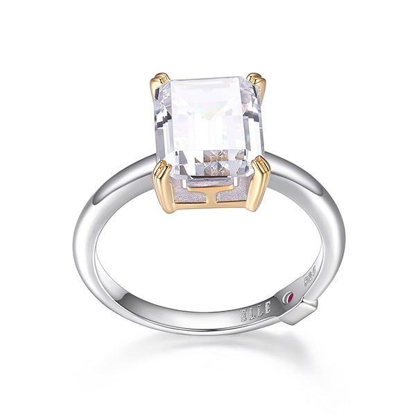 RR4LABY00-2T-7 Sterling Silver SIGNATURE Cubic Zirconia Solitaire Emerald Cut Two Tone Ring Size 7