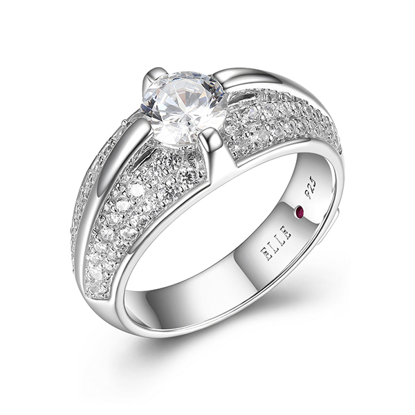 RR4LAC500-W-6 Sterling Silver GLIMMER 6mm Round and Pave Cubic Zirconia Ring Size 6