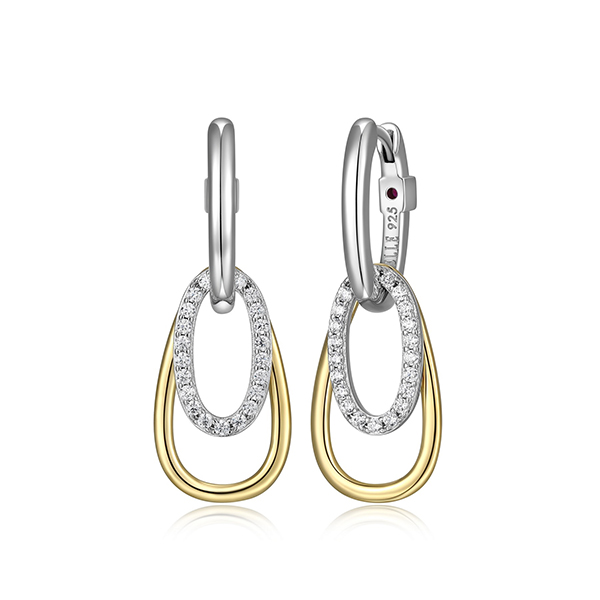ER2LCQX97-2T Sterling Silver CIRCADIA Ovate and Oval Cubic Zirconia Drop with Hoop Two Tone Earring