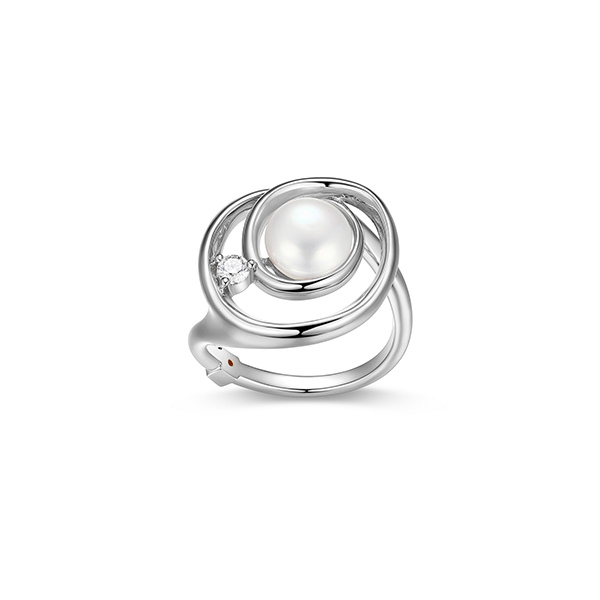 RR4LAGZ45-W-6 Sterling Silver SATELITE White Pearl and Moissanite Circle Ring Size 6