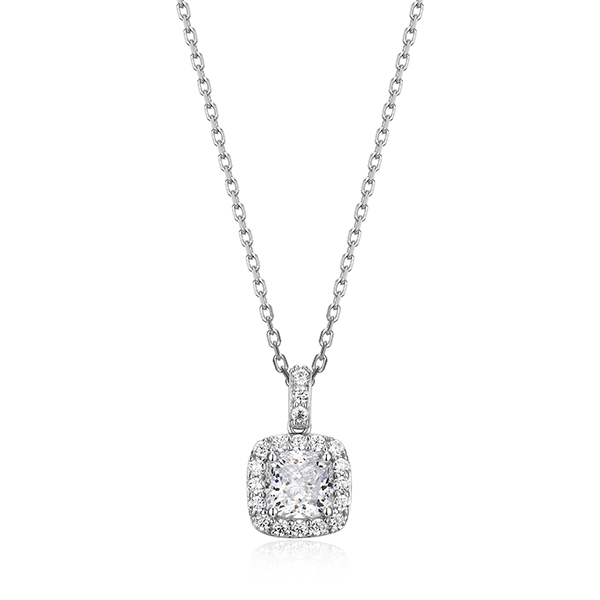 NR3LAKU00-W-17 Sterling Silver RADIANCE 6mm Cushion Clear Zirconia Halo Necklace Size 17