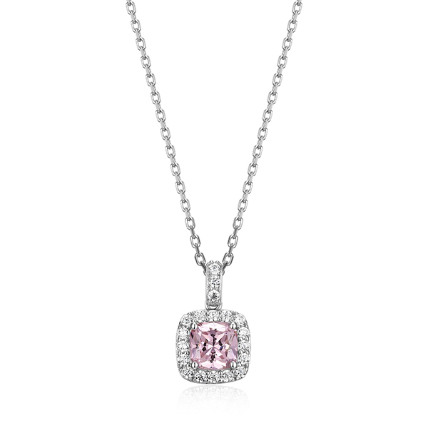 NR3LAKU06-W-17 Sterling Silver RADIANCE 6mm Cushion Pink Zirconia Halo Necklace Size 17