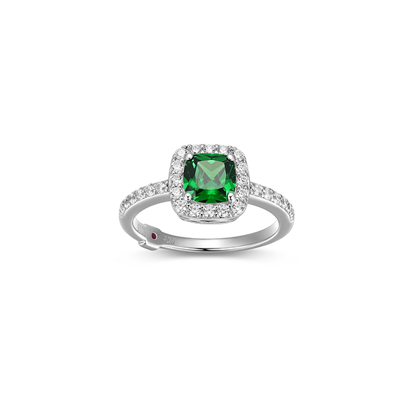 RR4LAHP09-W-6 Sterling Silver RADIANCE 6mm Cushion Cut Green Cubic Zirconia Halo Ring Size 6