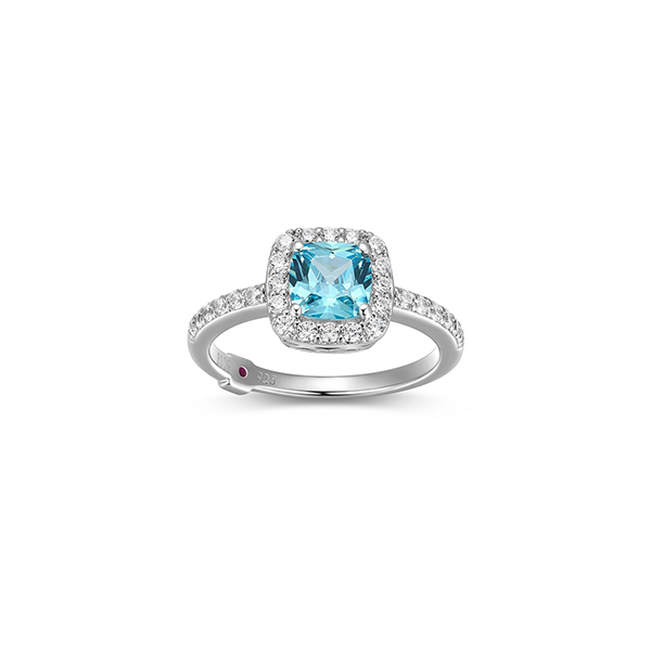 RR4LAHP25-W-9 Sterling Silver RADIANCE 6mm Cushion Cut Blue Cubic Zirconia Halo Ring Size 9