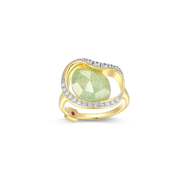 R34LAHN96-2T-9 Sterling Silver TREASURE White Crystal and Amazonite Doublet Oval Stone with CZ Two Tone Ring Size 9