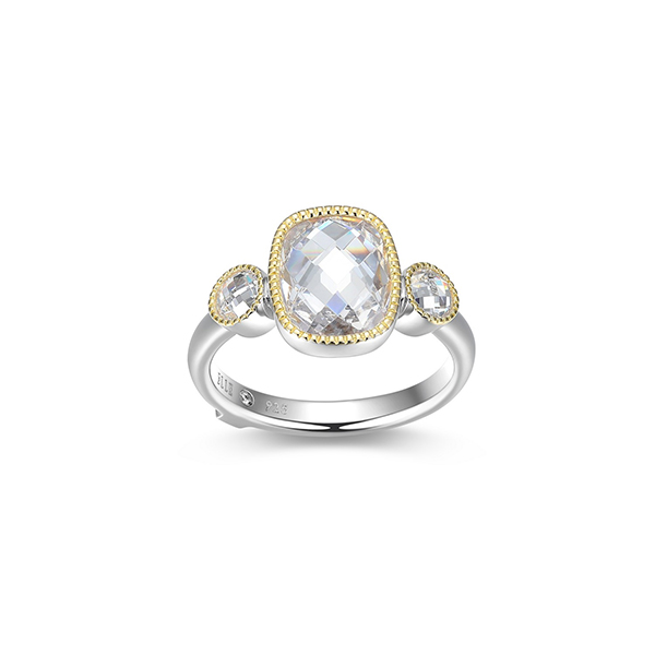 RR4LAJW97-2T-9 Sterling Silver ESSENCE Emerald Cushion Cut Three Stone Two Tone RIng Size 9