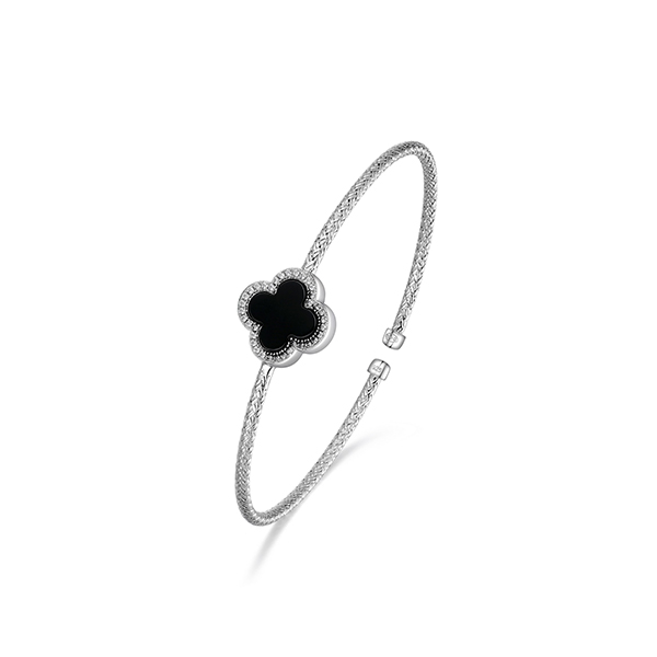 BR1Q1CM-W Sterling Silver "Bliss" Black Agate with Cubic Zirconia Cuff Clover Bangle