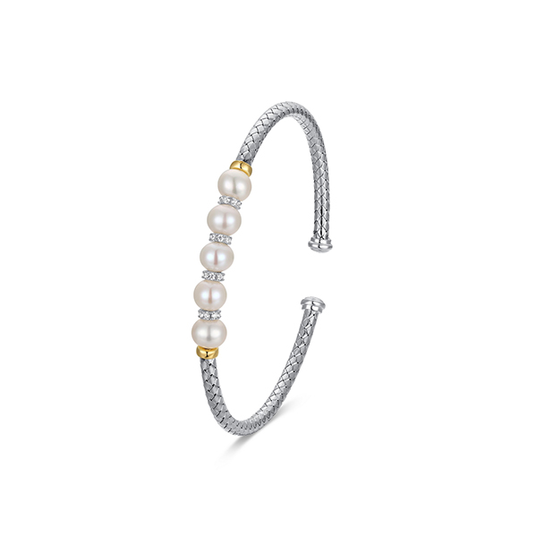 BR1Q1E9-2T Sterling Silver "New Mesh" Genuine Pearl & CZ Cuff Bangle