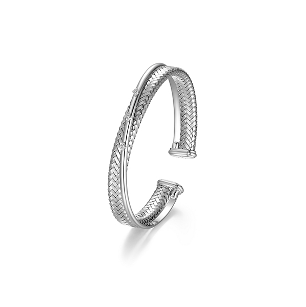 BR1Q1EK-W Sterling Silver "New Mesh" Crisscross CZ Cuff Bangle