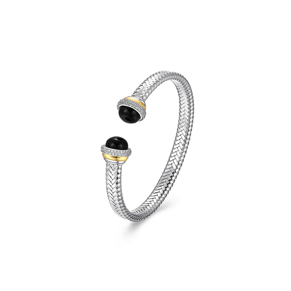 BR1Q1F7-2T Sterling Silver "New Mesh" Agate & CZ Woven Tube Cuff Bangle