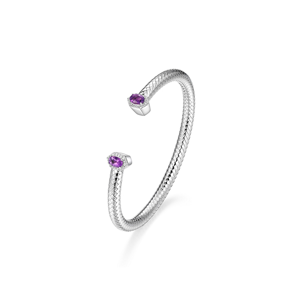 BR1Q1G8-W Sterling Silver "Prism" Genuine Amethyst & CZ Mesh Cuff Bangle