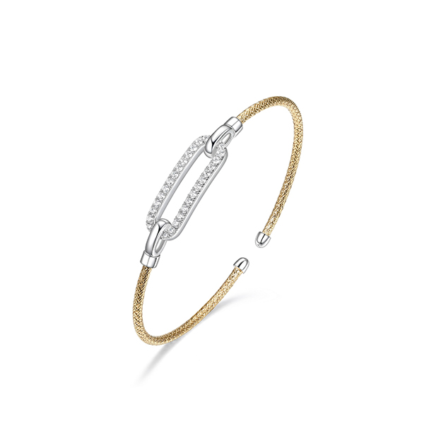 BS1Q1AC-2T Sterling Silver "Paperclip" Link with CZ Woven Tube Cuff Bangle