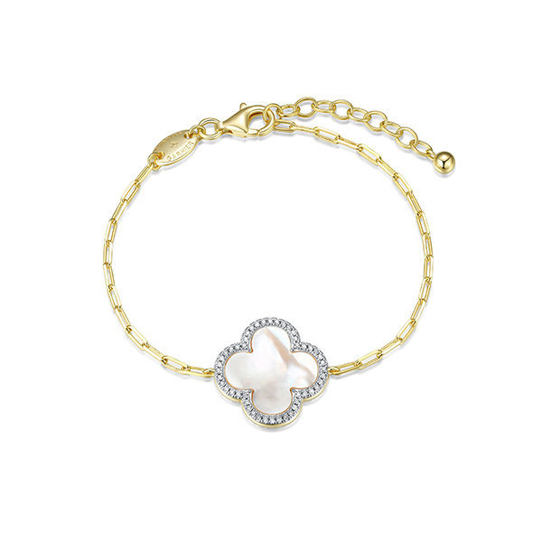 BS1Q1BL-Y Sterling Silver "Bliss" Mother of Pearl with Diamondlite CZ Clover Bracelet